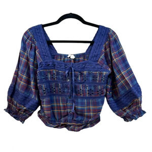 American Eagle Outfitters Puff Sleeve Blue Plaid‎ Crop Top Size Small (S)